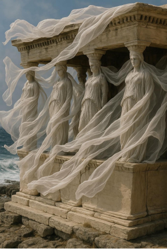 #Caryatids fluindo no vento# o estilo da escultura está intimamente associado à arte grega antiga
