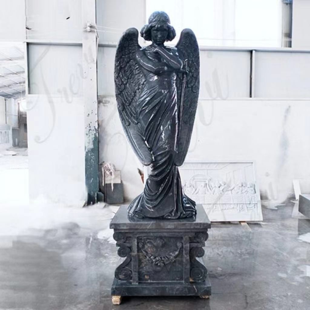 Estátua de anjo em mármore preto europeu - escultura artística em pedra decoração memorial