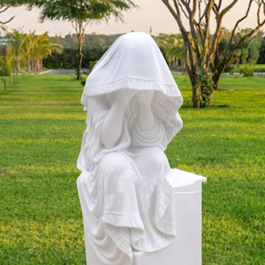 Estátua de mármore branco com véu - escultura em pedra decorativa memorial artística